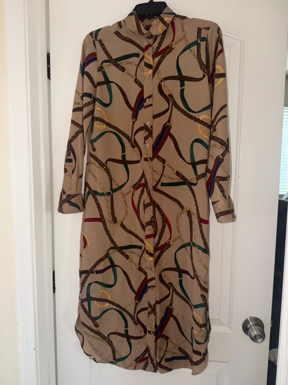 Ralph Lauren Beige Chain & Belt-Print Long Sleeve Shirt Dress